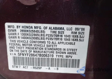 2007 Honda Pilot Ex-L z USA, uszkodzony, nr VIN 5FNYF28647B006319